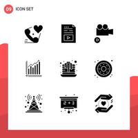 Universal Icon Symbols Group of 9 Modern Solid Glyphs of marketing business multimedia analytics video Editable Vector Design Elements