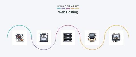 la línea de alojamiento web llenó el paquete de 5 íconos planos que incluye . SEO centro de datos. hospedaje compartido vector