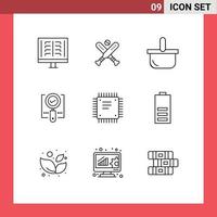 Mobile Interface Outline Set of 9 Pictograms of search magnifier bats find picnic Editable Vector Design Elements