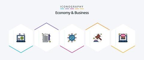 paquete de iconos de 25 líneas completas de economía y negocios, incluido en línea. red. ley. subasta vector