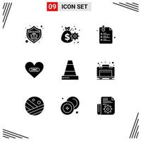 User Interface Pack of 9 Basic Solid Glyphs of cone love paper heart hurt Editable Vector Design Elements