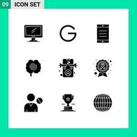 Set of 9 Vector Solid Glyphs on Grid for advertising psychology crypto currency hypnosis brain Editable Vector Design Elements