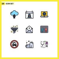 Pack of 9 Modern Filledline Flat Colors Signs and Symbols for Web Print Media such as mail sort pilgrim funnel technical Editable Vector Design Elements