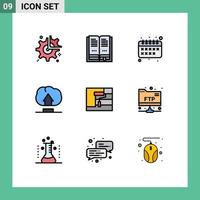 grupo de 9 signos y símbolos de colores planos de línea rellena para pintar herramientas construcción de regreso a la escuela cargar elementos de diseño de vectores editables