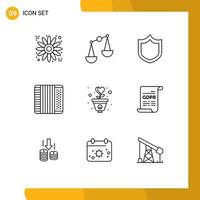 Pack of 9 Modern Outlines Signs and Symbols for Web Print Media such as love growth shield grow music Editable Vector Design Elements