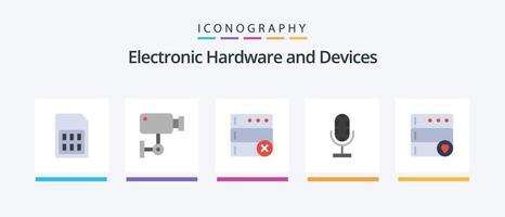 Devices Flat 5 Icon Pack Including database. mic. surveillance. broadcast. serve. Creative Icons Design vector