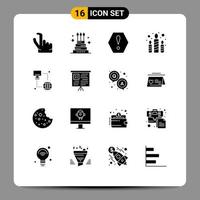 Set of 16 Vector Solid Glyphs on Grid for computer internet error party fire Editable Vector Design Elements