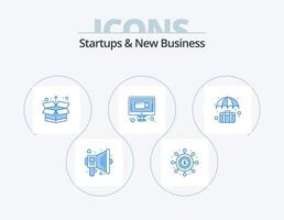 Startups And New Business Blue Icon Pack 5 Icon Design. case. bag. box. online meeting. meeting vector