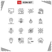 Pack of 16 Modern Outlines Signs and Symbols for Web Print Media such as location plan brim control backlog Editable Vector Design Elements