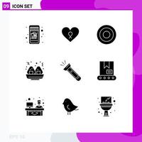 Group of 9 Solid Glyphs Signs and Symbols for hiking flash interface light fast Editable Vector Design Elements