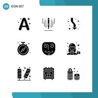 Mobile Interface Solid Glyph Set of 9 Pictograms of anonymous watch arrow stop down Editable Vector Design Elements