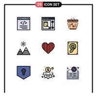 Mobile Interface Filledline Flat Color Set of 9 Pictograms of heart nature web mountain wedding Editable Vector Design Elements