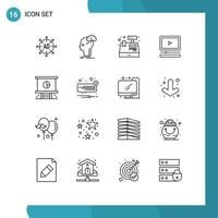 Pack of 16 Modern Outlines Signs and Symbols for Web Print Media such as business audio thinking player shopping Editable Vector Design Elements
