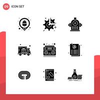 Group of 9 Solid Glyphs Signs and Symbols for music truck configuration shipping delivery Editable Vector Design Elements