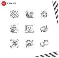 Universal Icon Symbols Group of 9 Modern Outlines of medical security landscape laptop cutting Editable Vector Design Elements