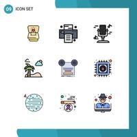9 Thematic Vector Filledline Flat Colors and Editable Symbols of retro record microphone spring palm Editable Vector Design Elements
