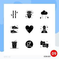 Pack of 9 Modern Solid Glyphs Signs and Symbols for Web Print Media such as heart shoe decorate equipment rain Editable Vector Design Elements