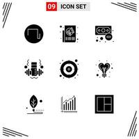 Universal Icon Symbols Group of 9 Modern Solid Glyphs of target arrow business weight dumbbell Editable Vector Design Elements