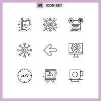 Group of 9 Outlines Signs and Symbols for teamwork collaboration record cogwheel music Editable Vector Design Elements