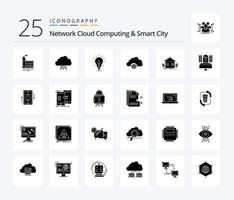 paquete de iconos de 25 glifos sólidos de computación en la nube de red y ciudad inteligente, incluida la ciudad. luz. datos. energía. idea vector