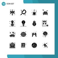 Set of 16 Vector Solid Glyphs on Grid for bulb location love gps vehicle Editable Vector Design Elements