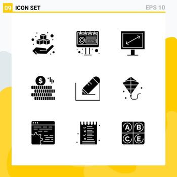 Pack of 9 Modern Solid Glyphs Signs and Symbols for Web Print Media such as kite text display write doller Editable Vector Design Elements