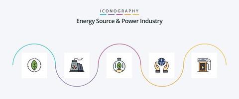 la fuente de energía y la línea de la industria de la energía llenaron el paquete de iconos planos 5, incluida la industria. fuerza. verde. energía. biosfera vector