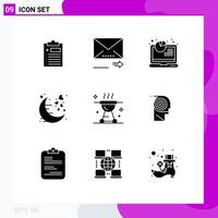 Set of 9 Commercial Solid Glyphs pack for barbecue night analysis moon date Editable Vector Design Elements