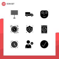 Group of 9 Modern Solid Glyphs Set for badge watch face time bell Editable Vector Design Elements