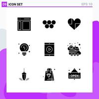 Universal Icon Symbols Group of 9 Modern Solid Glyphs of cinema solutions olympic games brainstorming favorite Editable Vector Design Elements