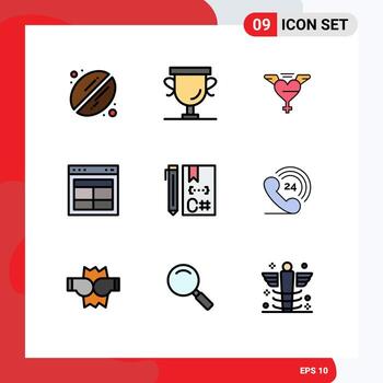 Pack of 9 creative Filledline Flat Colors of coding c wings website layout Editable Vector Design Elements