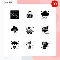 Mobile Interface Solid Glyph Set of 9 Pictograms of problem logic rain sun nature Editable Vector Design Elements