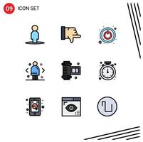 Pack of 9 Modern Filledline Flat Colors Signs and Symbols for Web Print Media such as alarm camera accessories switch ancient camera roll direction Editable Vector Design Elements