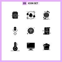 9 Universal Solid Glyphs Set for Web and Mobile Applications quality record water microphone network Editable Vector Design Elements