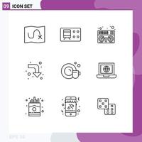 User Interface Pack of 9 Basic Outlines of globe laptop music cleaning dish Editable Vector Design Elements