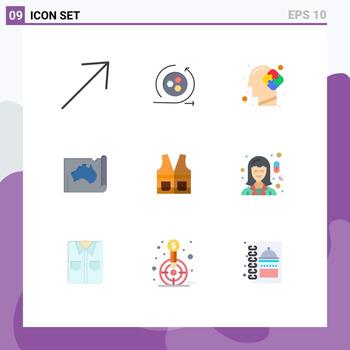 Paquete de 9 colores planos de interfaz de usuario de signos y símbolos modernos de mapa de chaleco ubicación mental elementos de diseño vectorial editables australianos vector