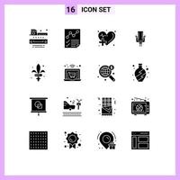 Pack of 16 Modern Solid Glyphs Signs and Symbols for Web Print Media such as song multimedia report microphone medical Editable Vector Design Elements