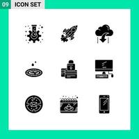 Pack of 9 creative Solid Glyphs of droop rain mission data down Editable Vector Design Elements