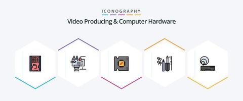 paquete de iconos de 25 líneas completas de producción de video y hardware de computadora que incluye equipo. costumbre. ingeniería. reparar procesador vector