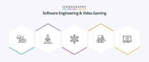 paquete de iconos de 25 líneas de ingeniería de software y videojuegos que incluye juegos. consola. puesta en marcha. jugando. juego vector