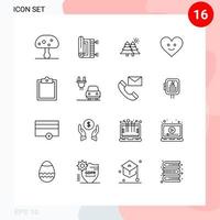 Modern Set of 16 Outlines Pictograph of clipboard happy namaz heart trees Editable Vector Design Elements