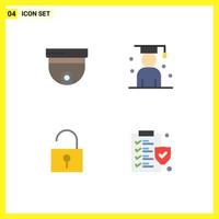 Set of 4 Vector Flat Icons on Grid for cam lock surveillance graduation user interface Editable Vector Design Elements