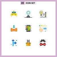 Flat Color Pack of 9 Universal Symbols of down cash target board coins lamp Editable Vector Design Elements