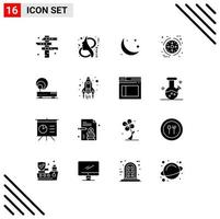 Pack of 16 Modern Solid Glyphs Signs and Symbols for Web Print Media such as processing business symbol ramadan moon Editable Vector Design Elements