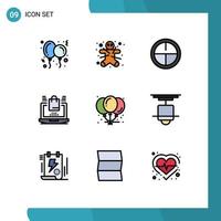 Pack of 9 Modern Filledline Flat Colors Signs and Symbols for Web Print Media such as celebration balloons army shopping laptop Editable Vector Design Elements