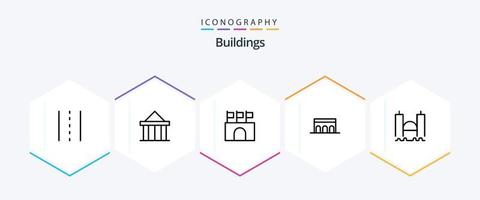 paquete de iconos de 25 líneas de edificios que incluye columnas. arco. corte. estadio. público vector