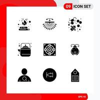 Modern Set of 9 Solid Glyphs and symbols such as target tea web pot camping Editable Vector Design Elements