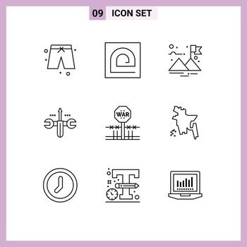 Mobile Interface Outline Set of 9 Pictograms of military combat finish toolings computing Editable Vector Design Elements