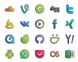 Paquete de 20 íconos de redes sociales que incluye smugmug envato feedburner quicktime facebook vector