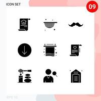 Set of 9 Vector Solid Glyphs on Grid for towel bath hipster down arrow Editable Vector Design Elements